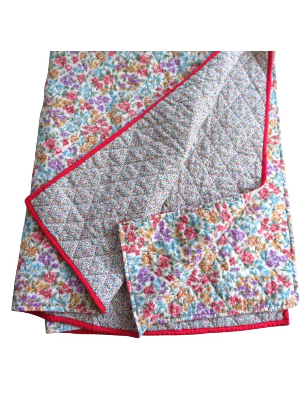 Handmade Reversible Floral Cotton Throw Quilt 42"x 56" Vibrant Red Trim